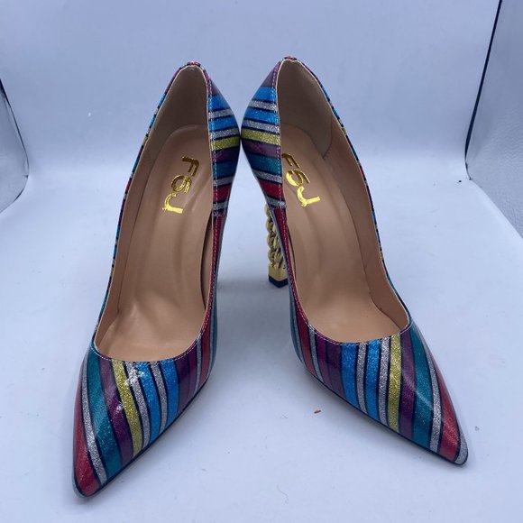 FSJ Multicolor Glitter Gold Metal Chain Chunky High Heel Pointed Toe Pumps - Picture 2 of 11